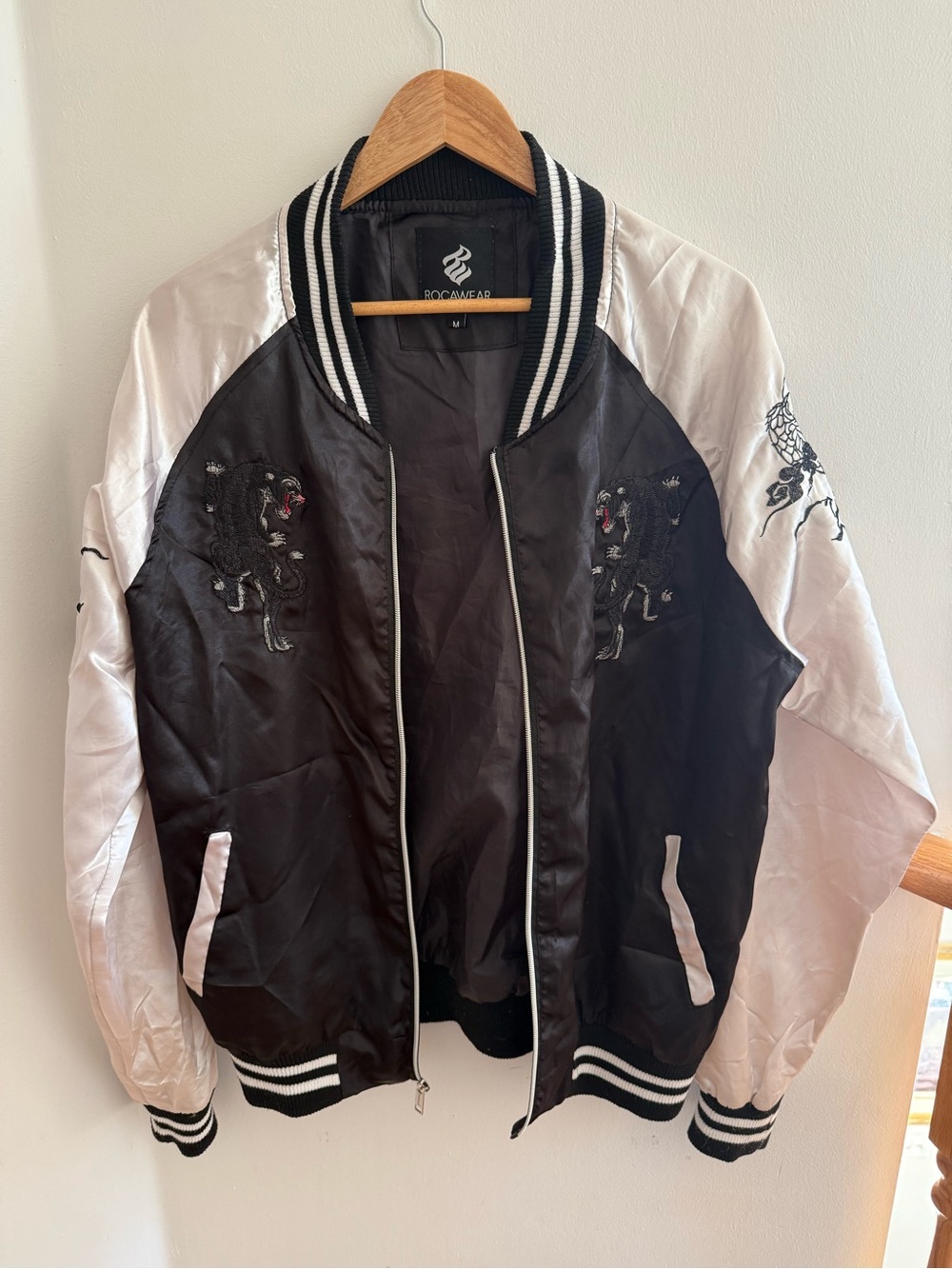 Rocawear Sukajan Black and White Embroidered Satin Bomber Jacket